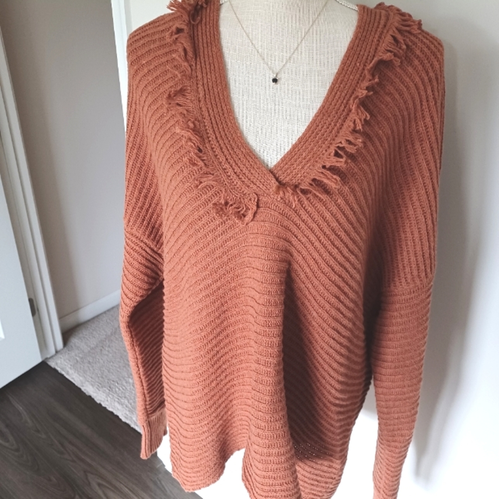 BiBi Rust Orange V-Neck Fringe Knit Sweater - Picture 2 of 9
